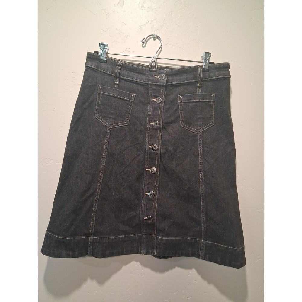 Chaps Black Denim Button Front A-Line Midi Skirt Size 6 Preppy Career Modern